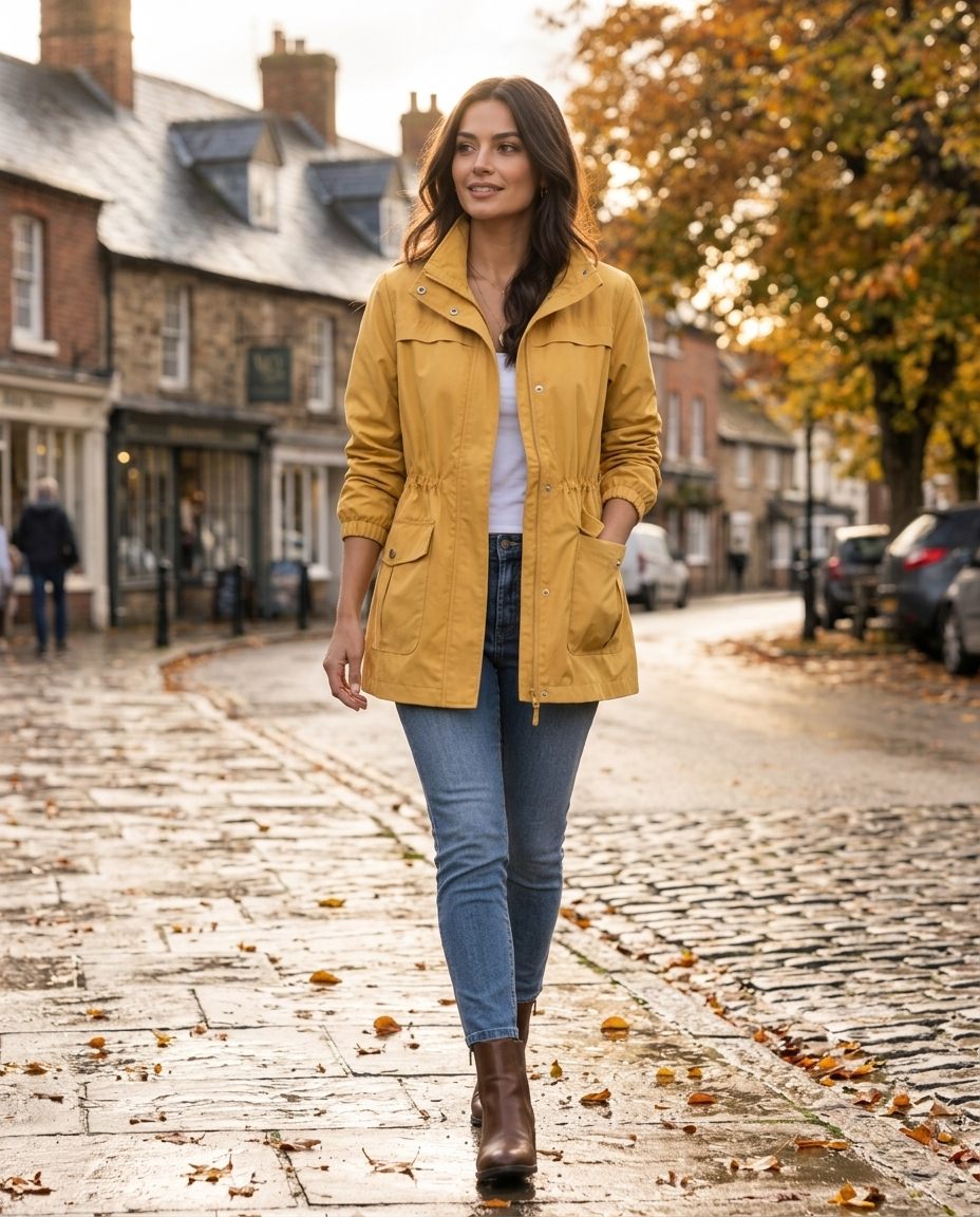 Woman wearing the Lightweight Waterproof Trench Jacket on an autumn street in the UK