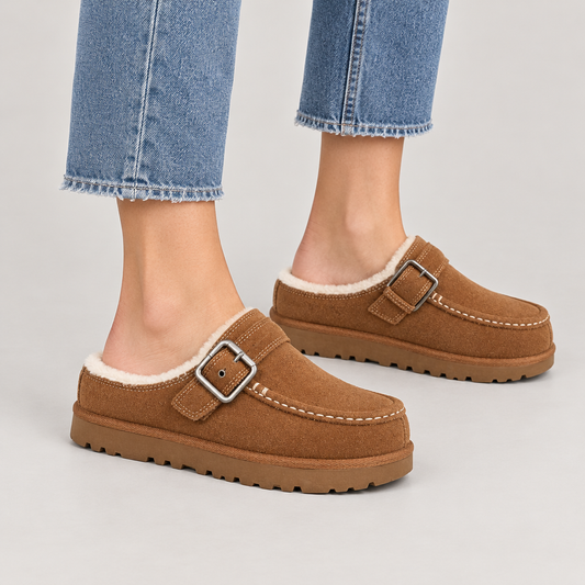 Woman wearing the Lined Faux Suede Clogs with Swivel Buckle