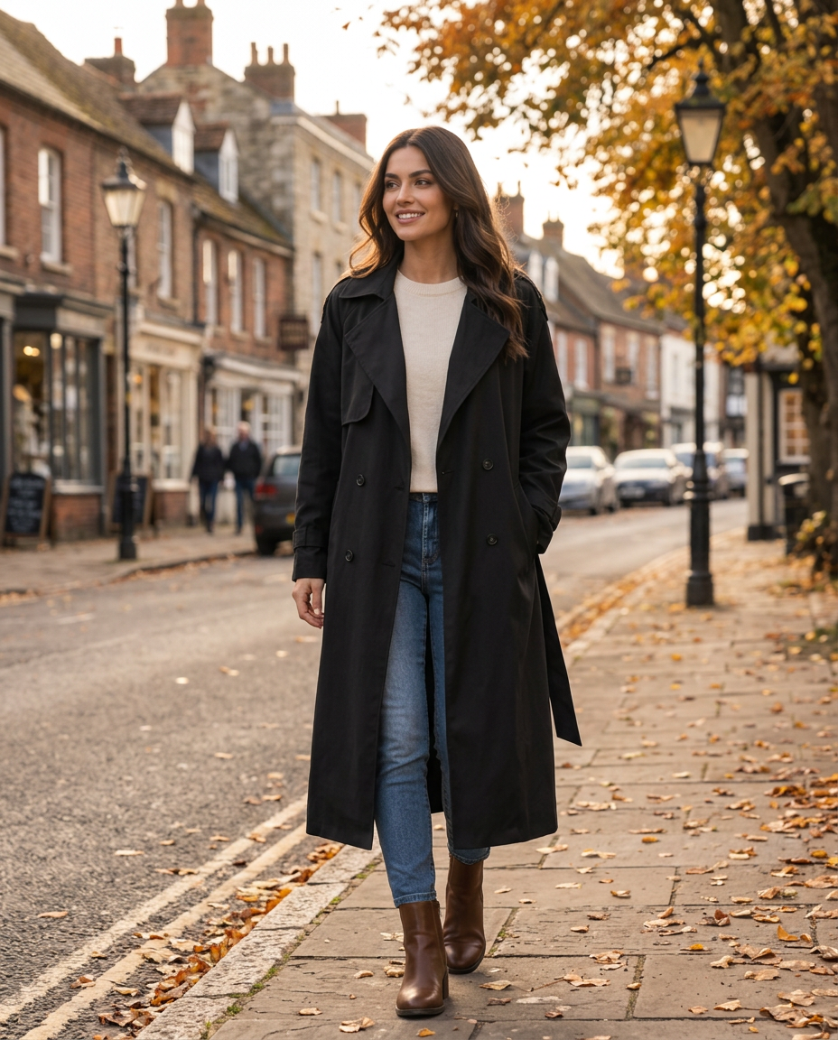 Woman wearing the Long Belted Trench Coat on an autumn street in the UK