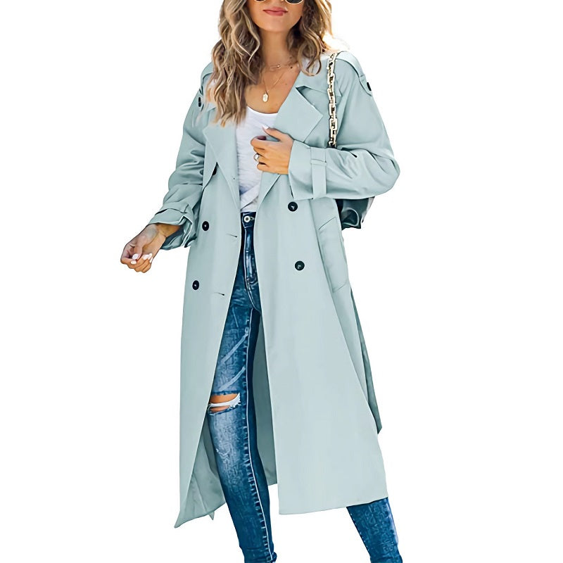 Long Belted Trench Coat in Light Blue