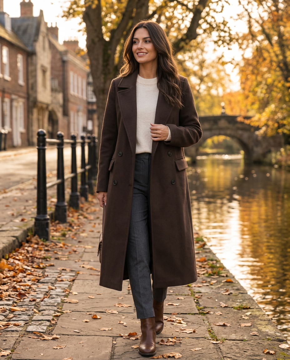 Woman wearing the Long Lapel Button Coat on an autumn street in the UK