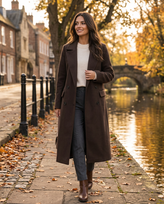Woman wearing the Long Lapel Button Coat on an autumn street in the UK