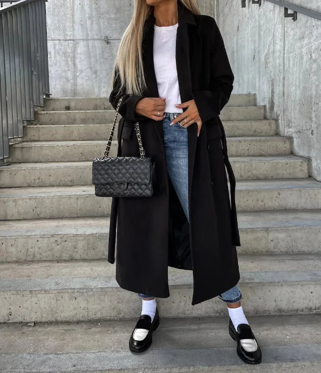 Long Lapel Button Coat in Black