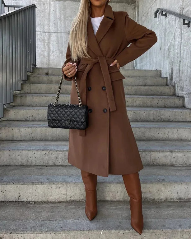 Long Lapel Button Coat in Brown