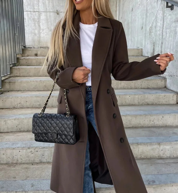Long Lapel Button Coat in Dark Brown