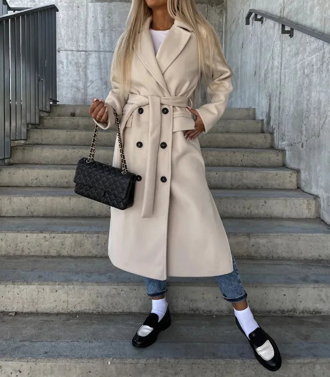 Long Lapel Button Coat in Khaki