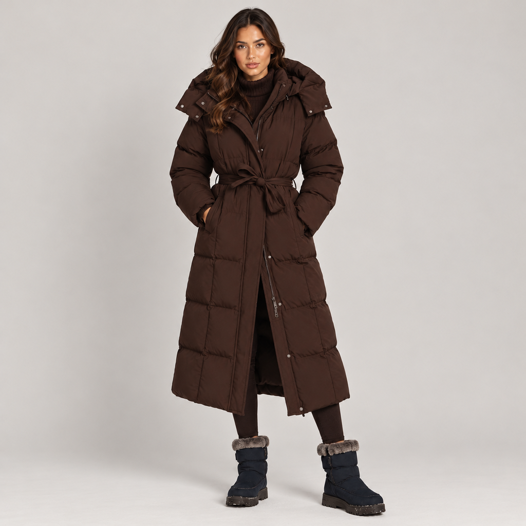 Woman wearing the Long Quilted Winter Coat with Fitted Waist