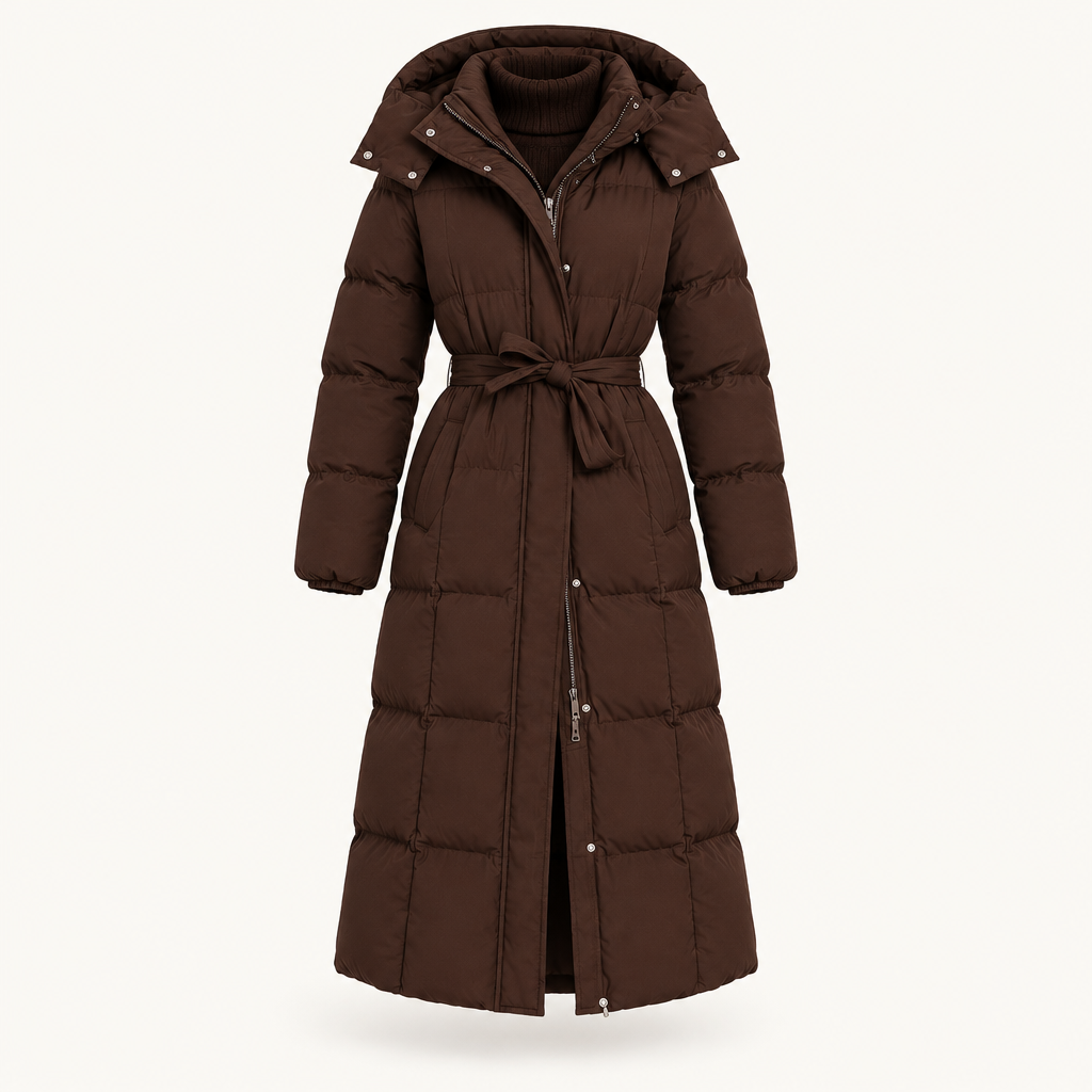 Long Quilted Winter Coat with Fitted Waist, view 2