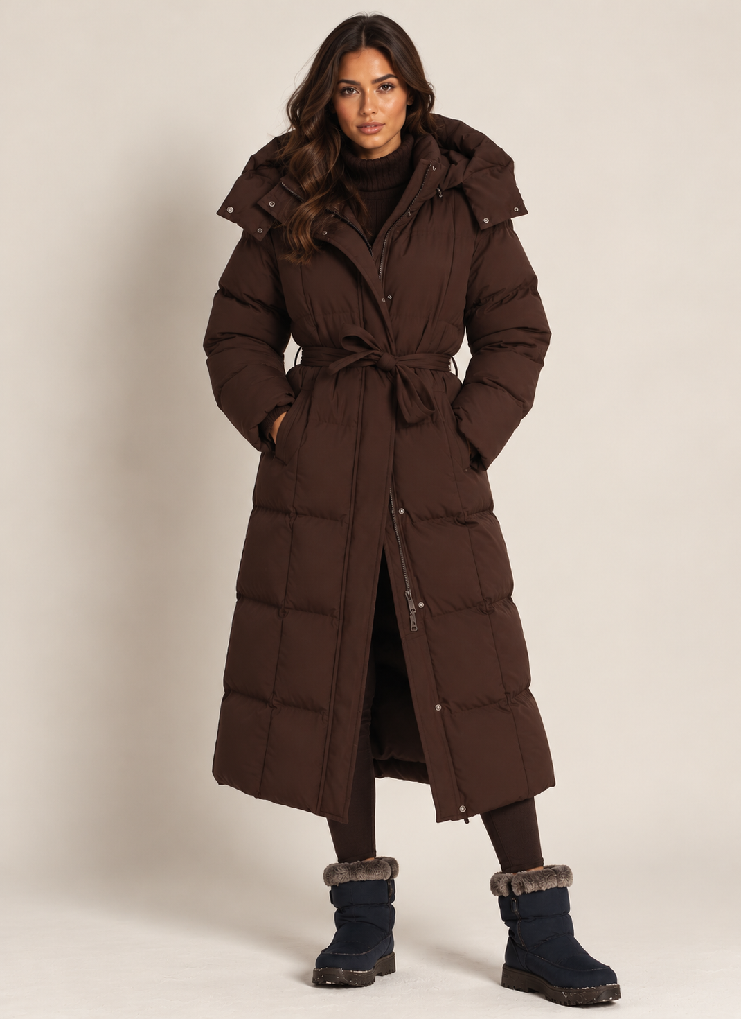 Long Quilted Winter Coat with Fitted Waist, view 3