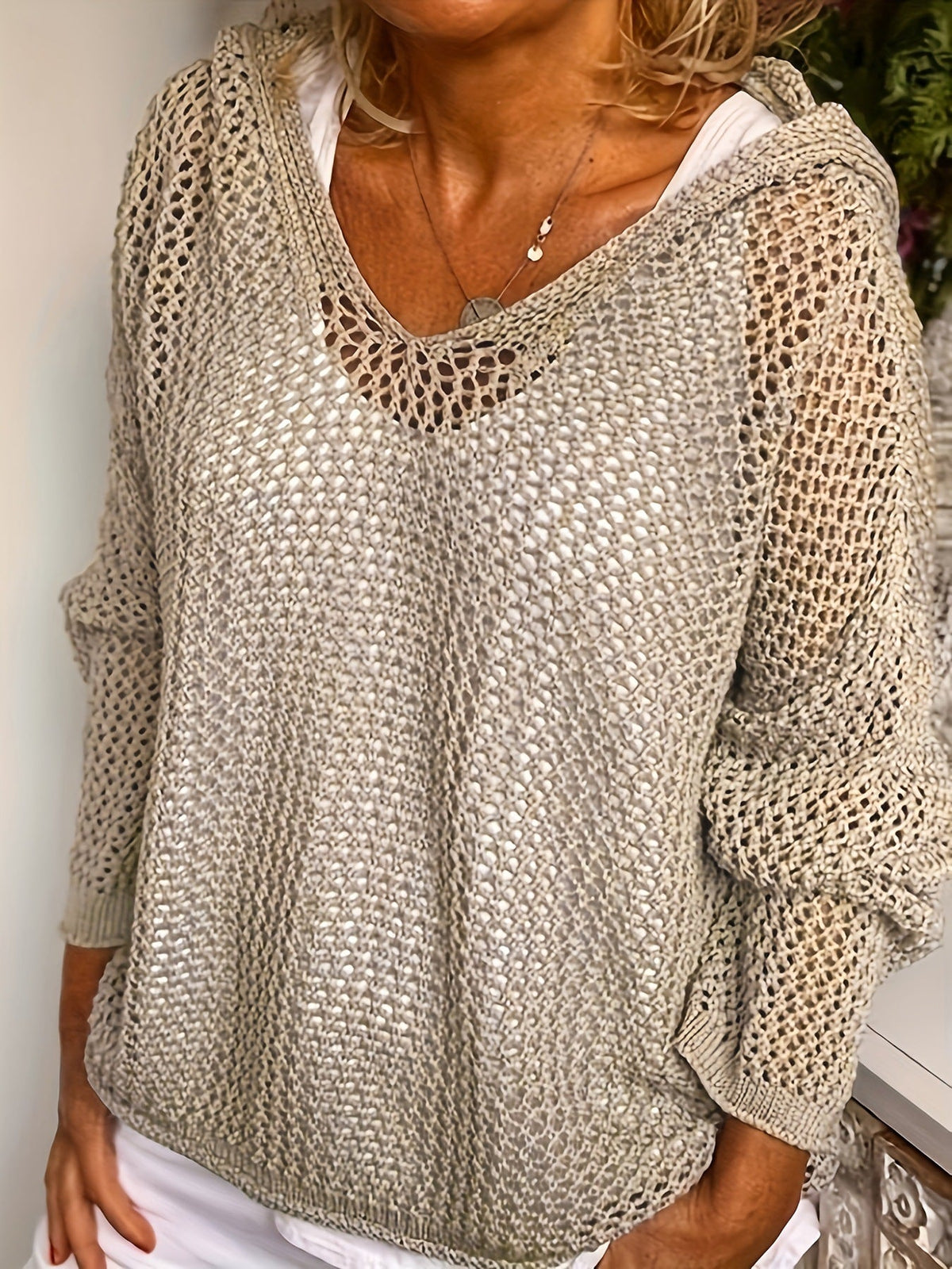 Loose-Fit Open Knit Sweater in Khaki