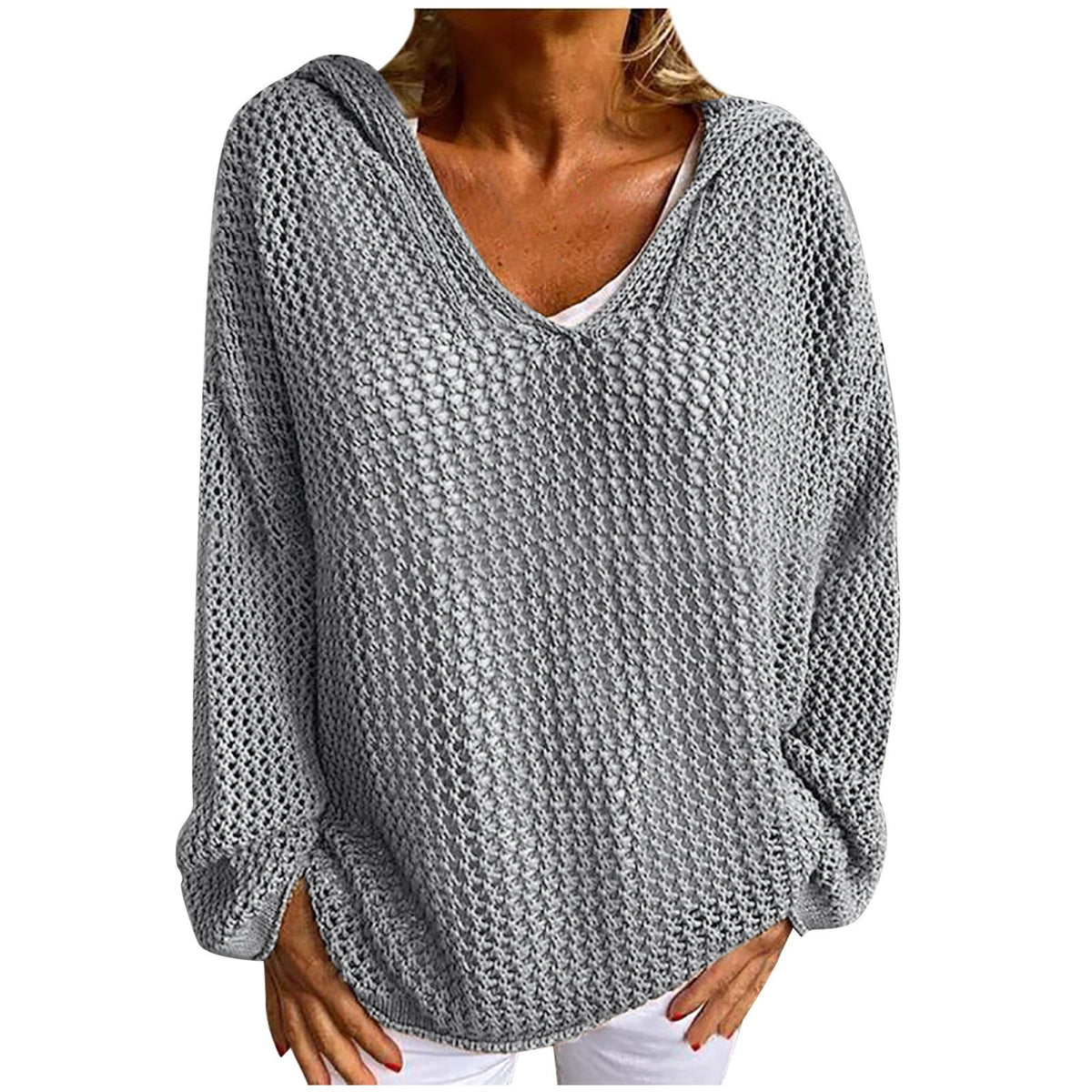Loose-Fit Open Knit Sweater in Light Grey
