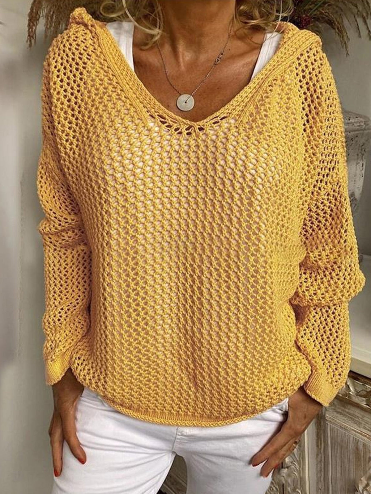 Loose-Fit Open Knit Sweater in Yellow
