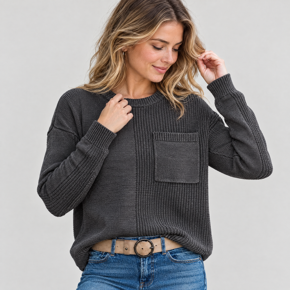 Mixed Knit Crew Neck Sweater with Pocket in Charcoal