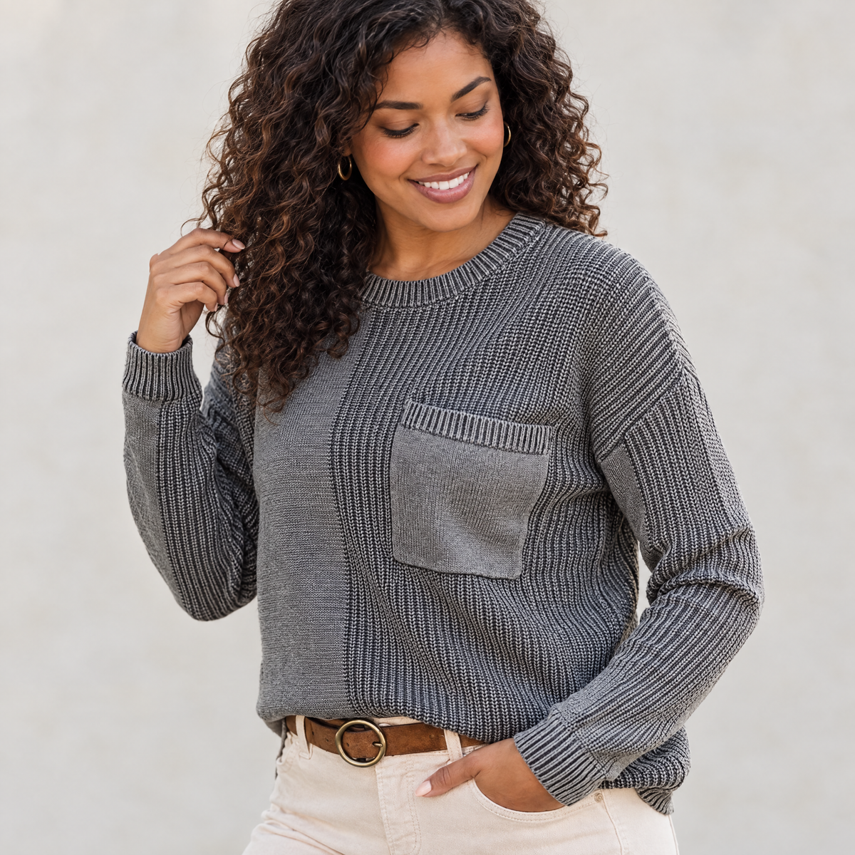Mixed Knit Crew Neck Sweater with Pocket in Clay