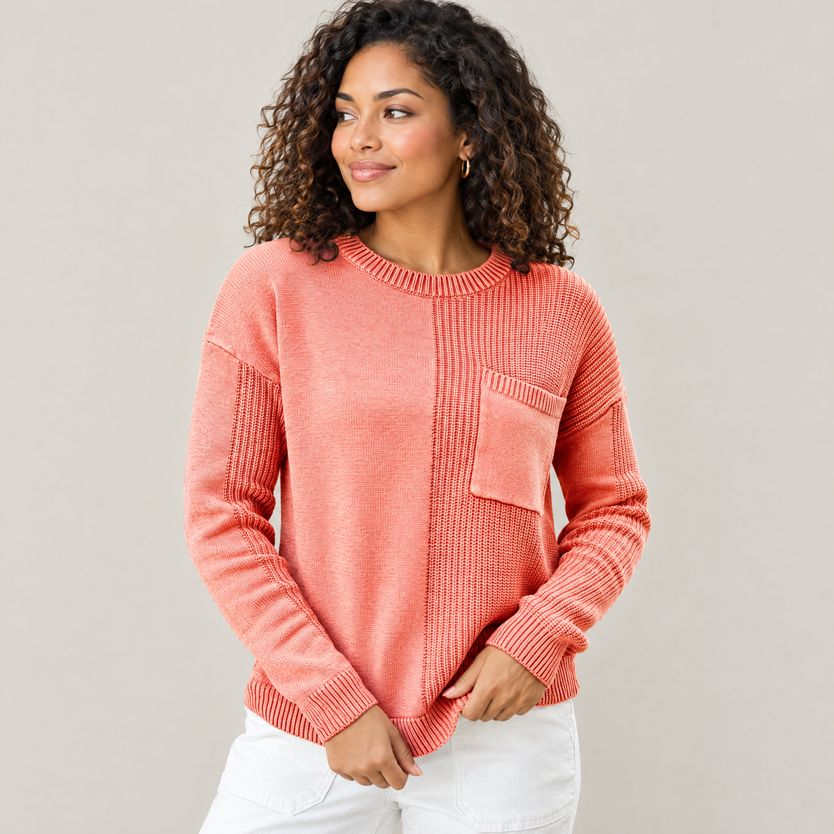 Mixed Knit Crew Neck Sweater with Pocket in Orange