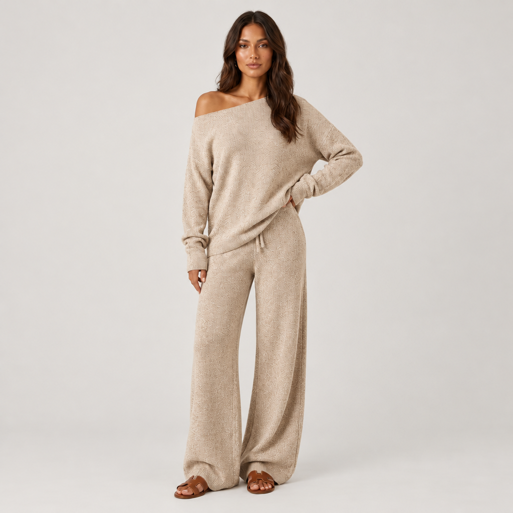 Woman wearing the Off-Shoulder Jumper and Wide-Leg Trousers Lounge Set