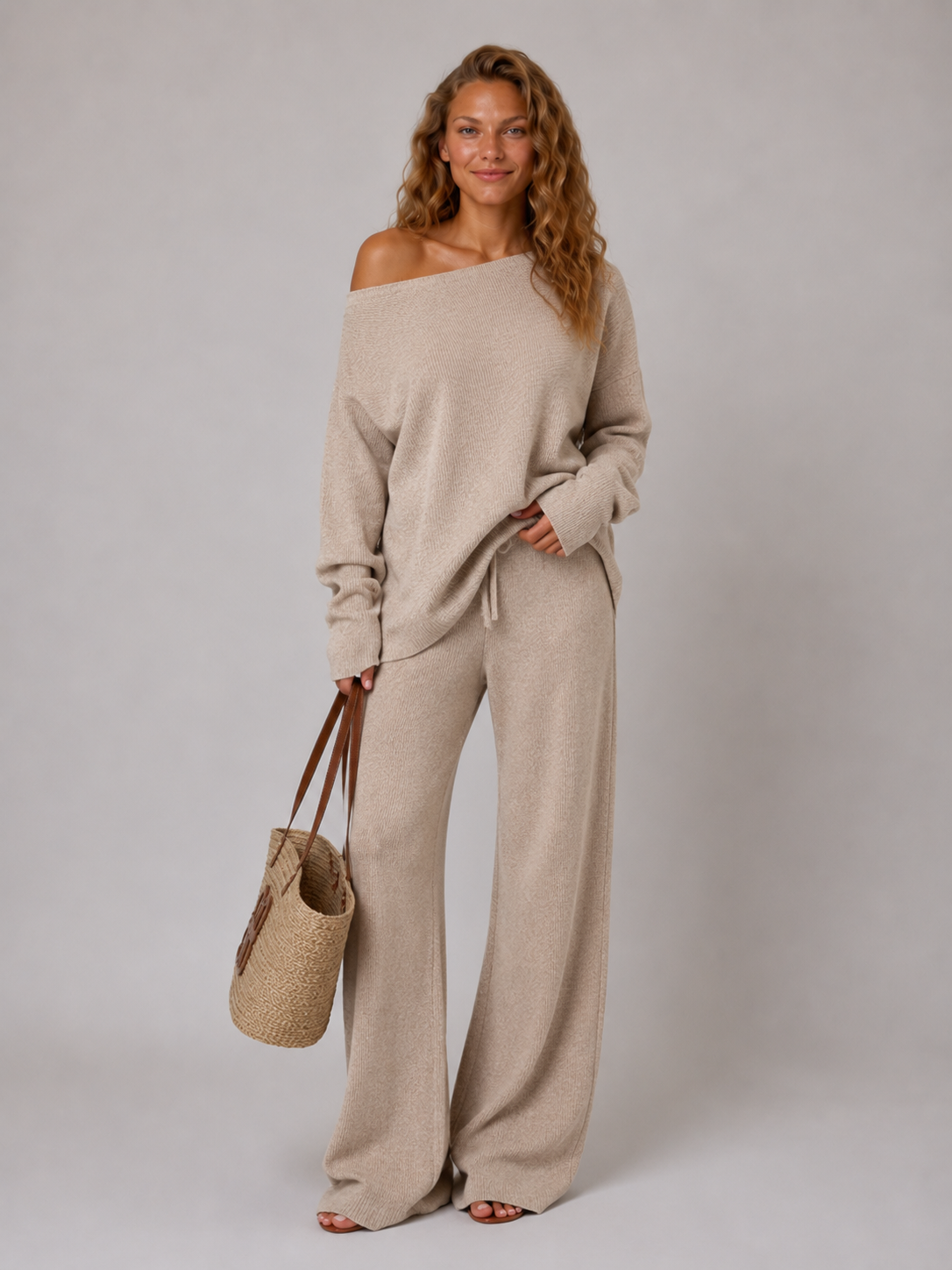 Off-Shoulder Jumper and Wide-Leg Trousers Lounge Set, view 11