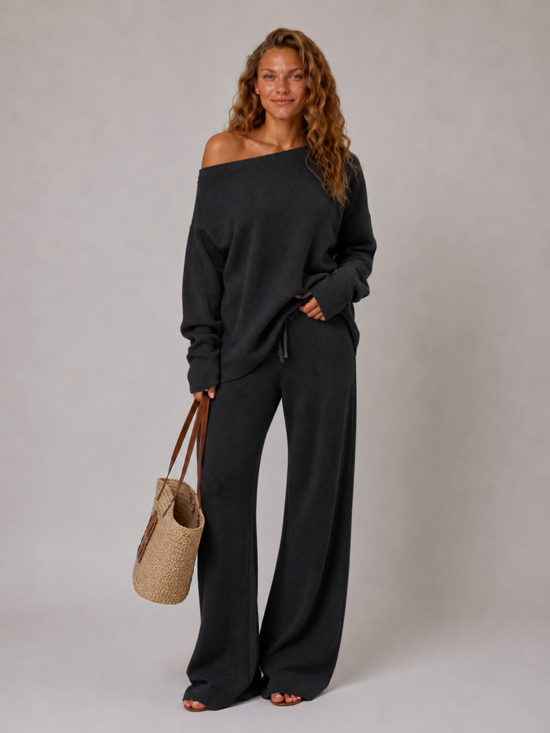 Off-Shoulder Jumper and Wide-Leg Trousers Lounge Set, view 12