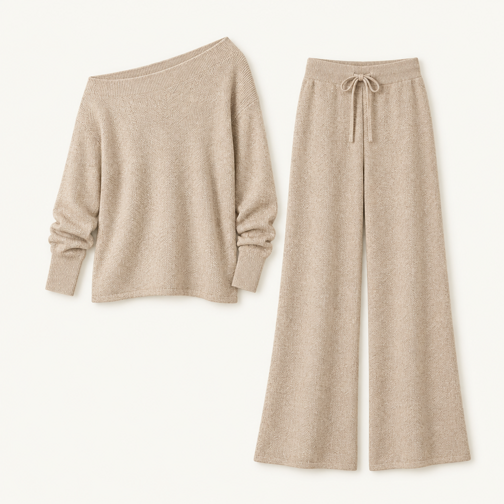 Off-Shoulder Jumper and Wide-Leg Trousers Lounge Set, view 2