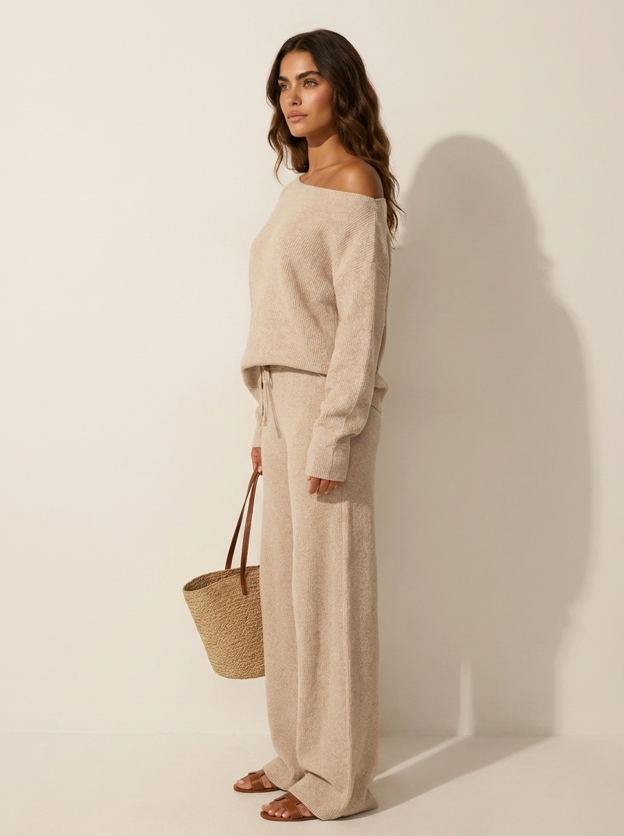 Off-Shoulder Jumper and Wide-Leg Trousers Lounge Set, view 4