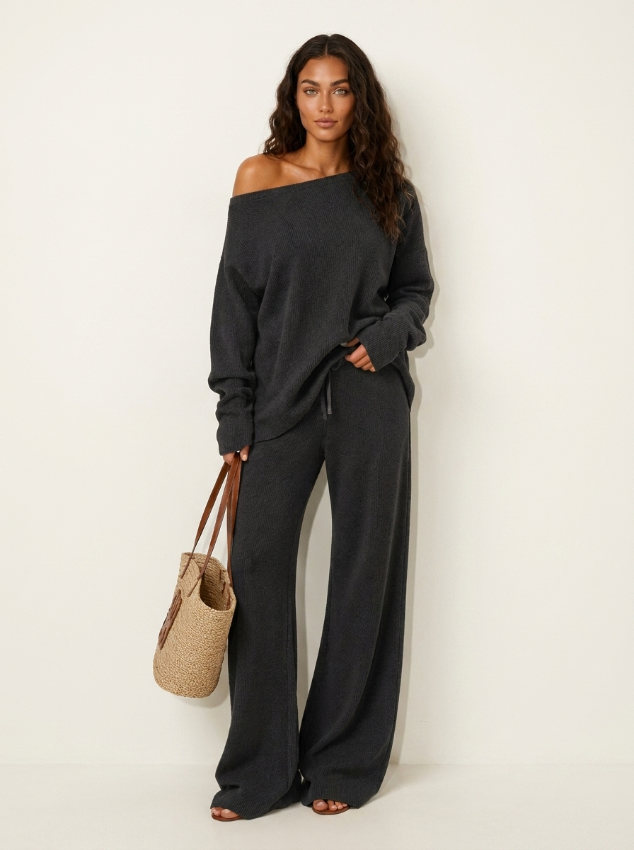Off-Shoulder Jumper and Wide-Leg Trousers Lounge Set, view 5