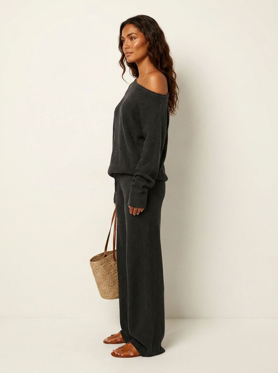 Off-Shoulder Jumper and Wide-Leg Trousers Lounge Set, view 6