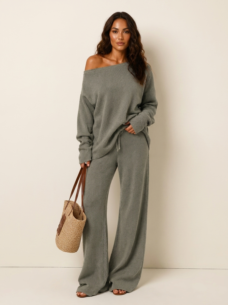 Off-Shoulder Jumper and Wide-Leg Trousers Lounge Set, view 7