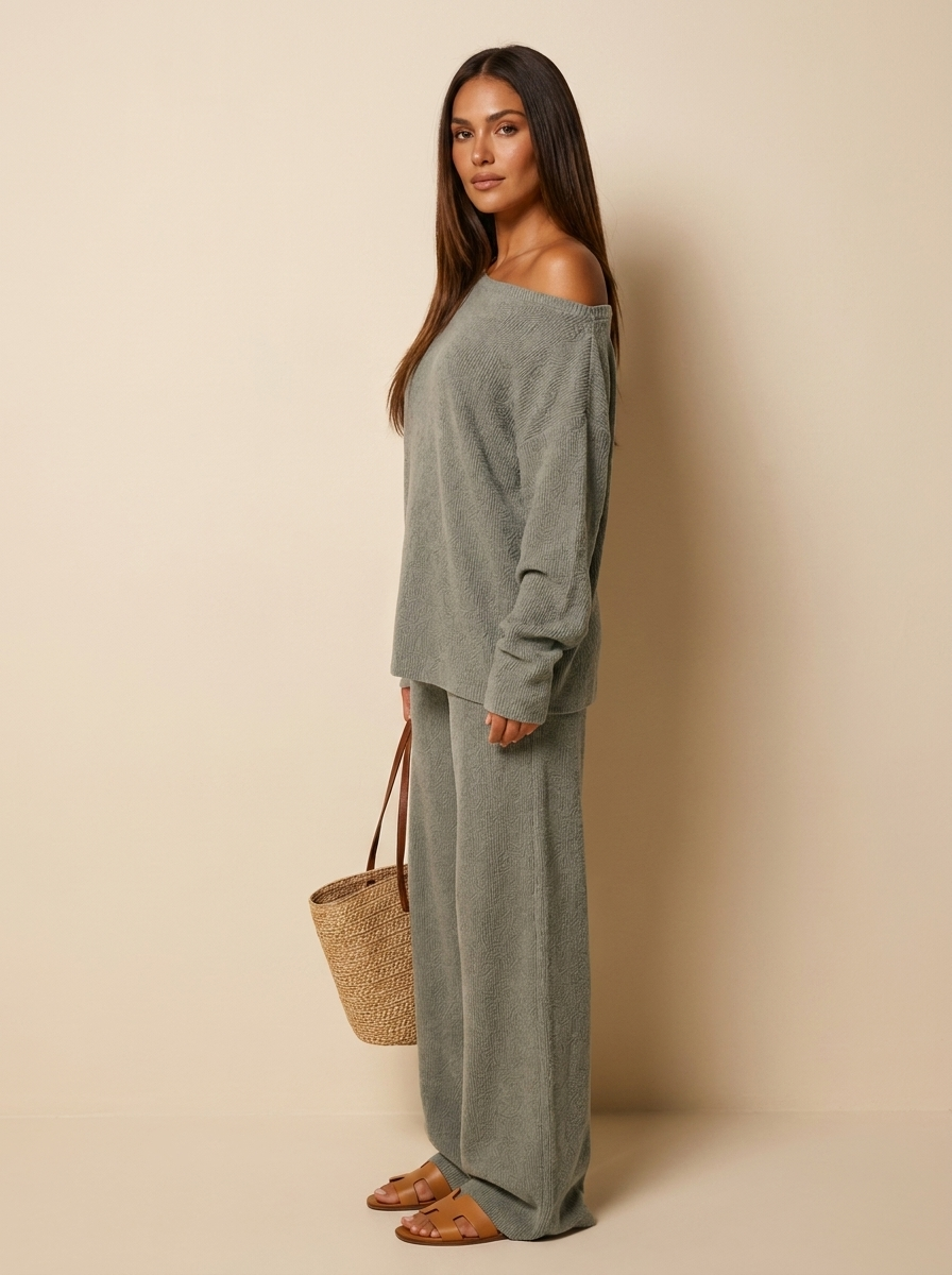Off-Shoulder Jumper and Wide-Leg Trousers Lounge Set, view 8