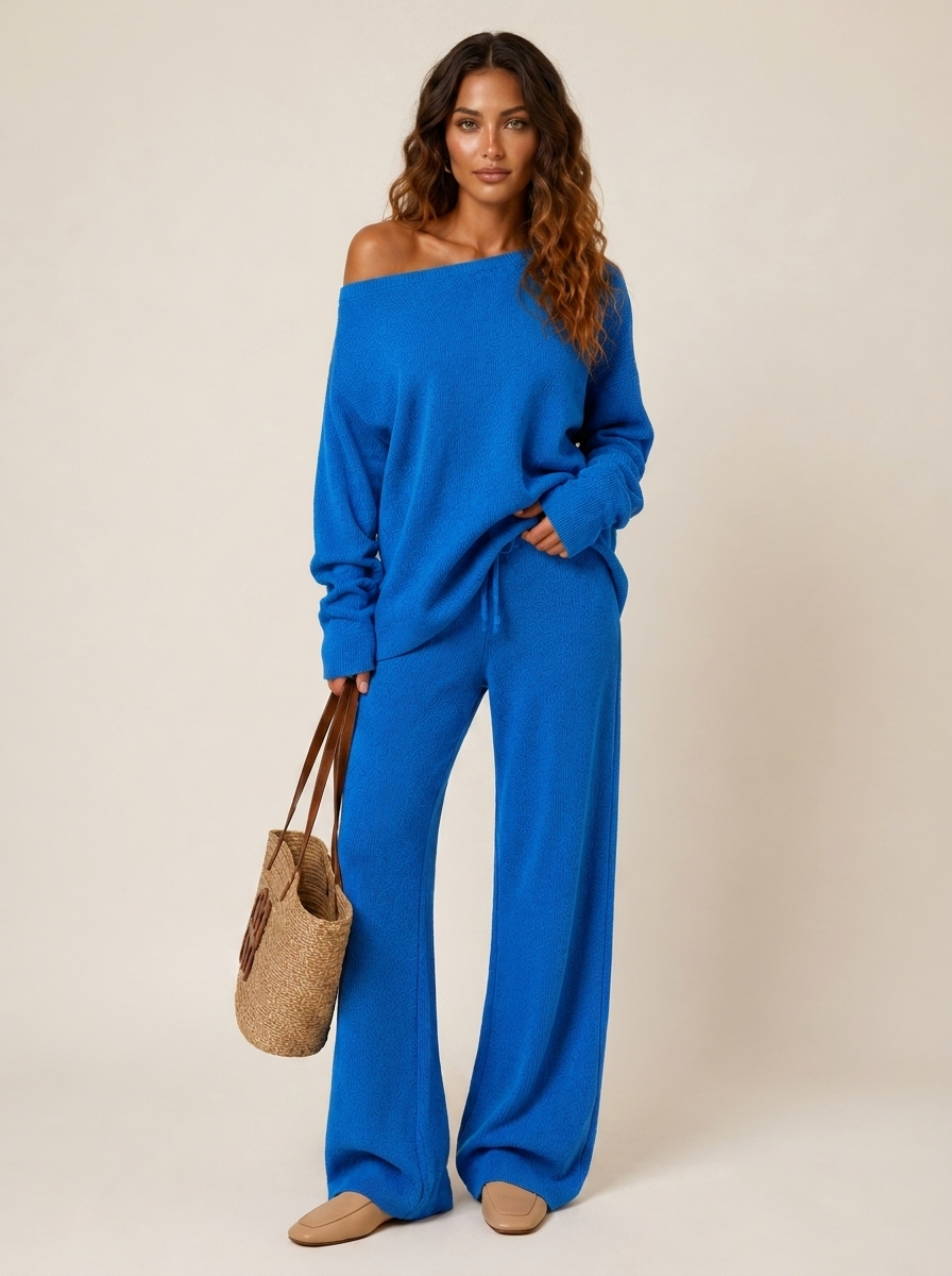 Off-Shoulder Jumper and Wide-Leg Trousers Lounge Set, view 9