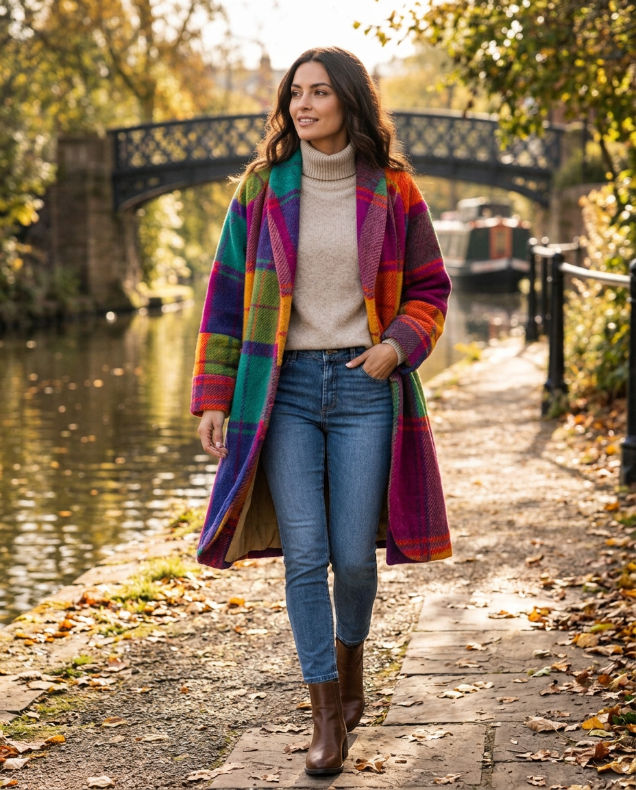 Woman wearing the Oversized Check Coat on an autumn street in the UK