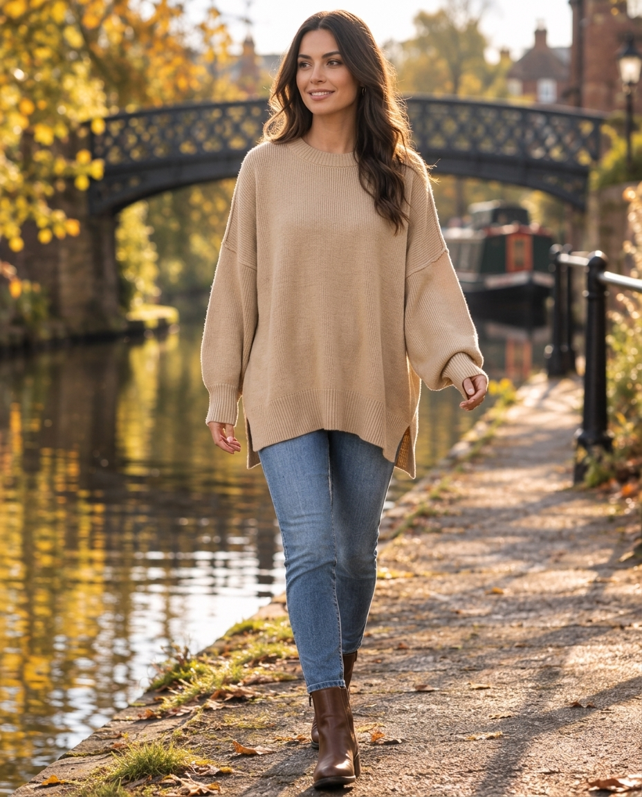 Woman wearing the Oversized Knit Jumper with Side Slits on an autumn street in the UK