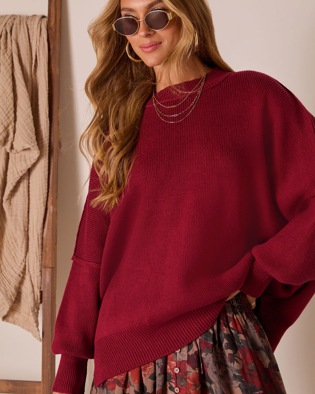 Oversized Knit Jumper with Side Slits in Maroon