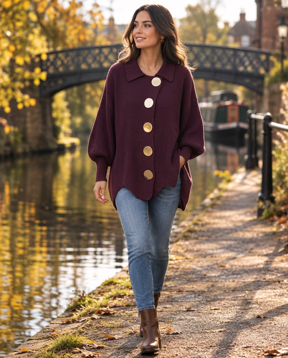 Woman wearing the Oversized Lantern Sleeve Button Cardigan on an autumn street in the UK