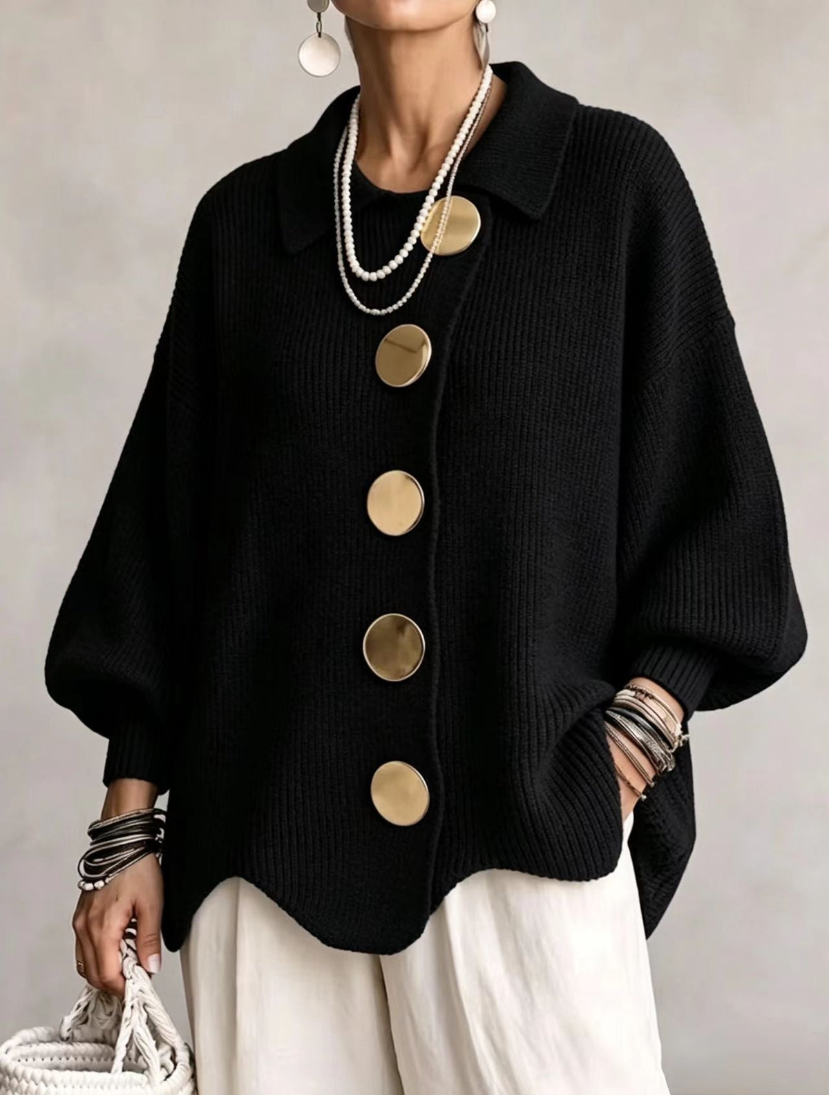 Oversized Lantern Sleeve Button Cardigan in Black