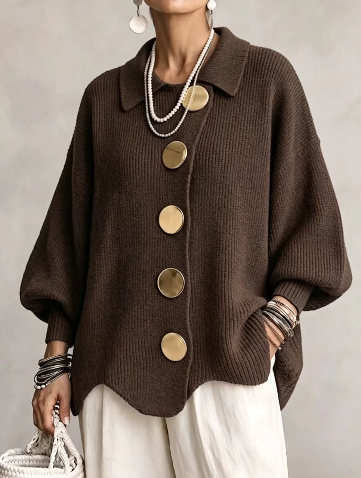 Oversized Lantern Sleeve Button Cardigan in Brown