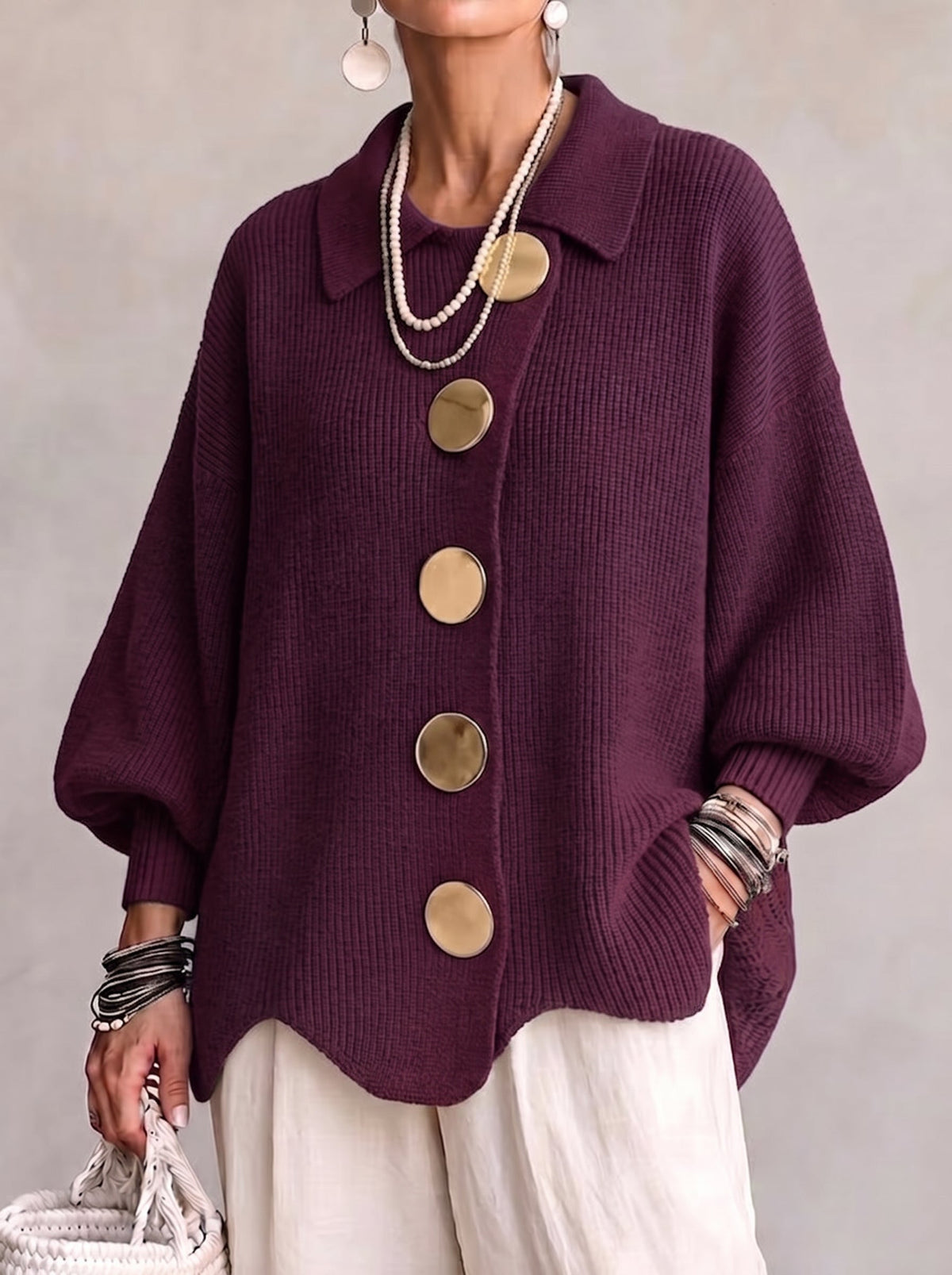 Oversized Lantern Sleeve Button Cardigan in Burgundy