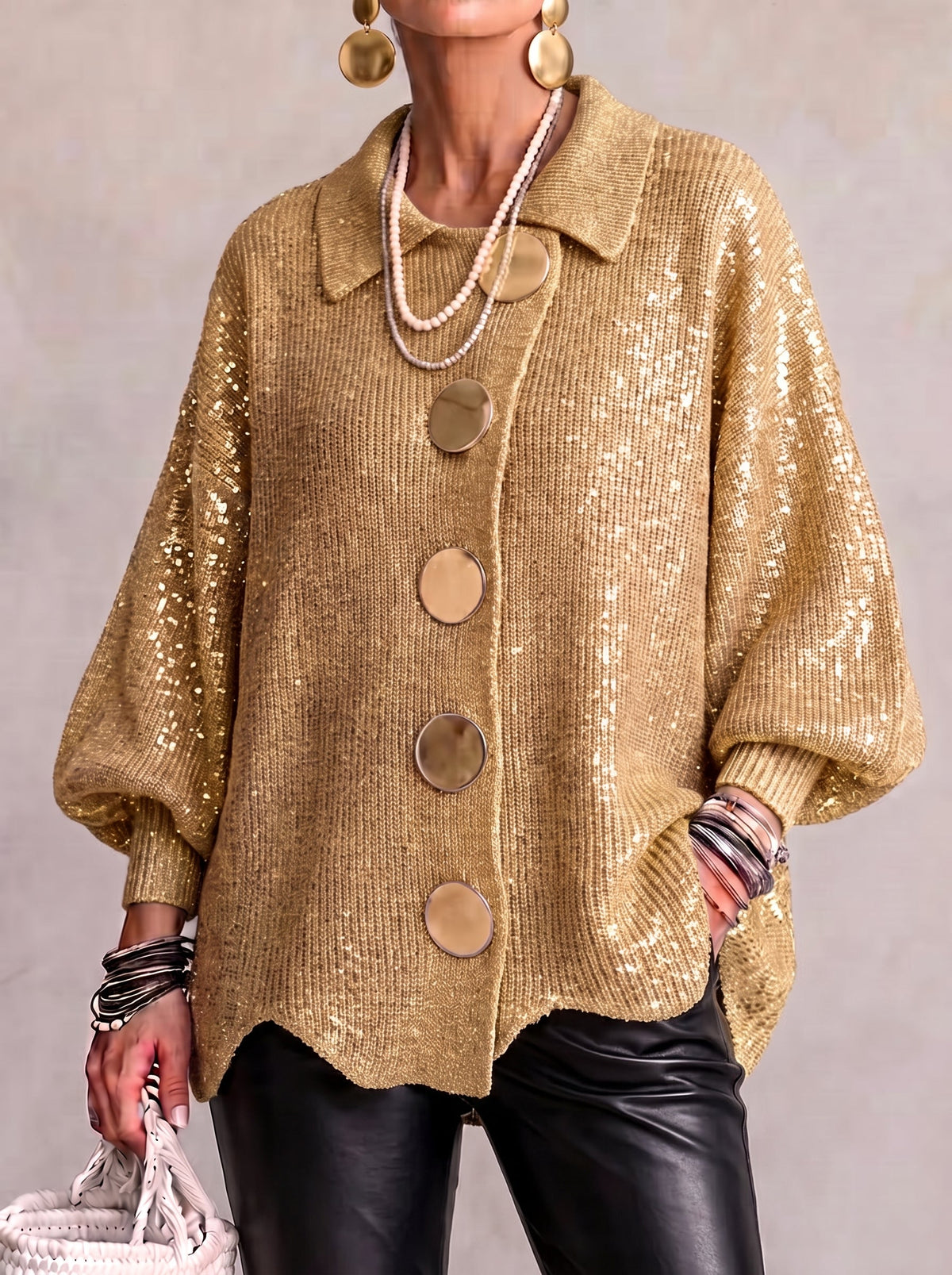 Oversized Lantern Sleeve Button Cardigan in Gold
