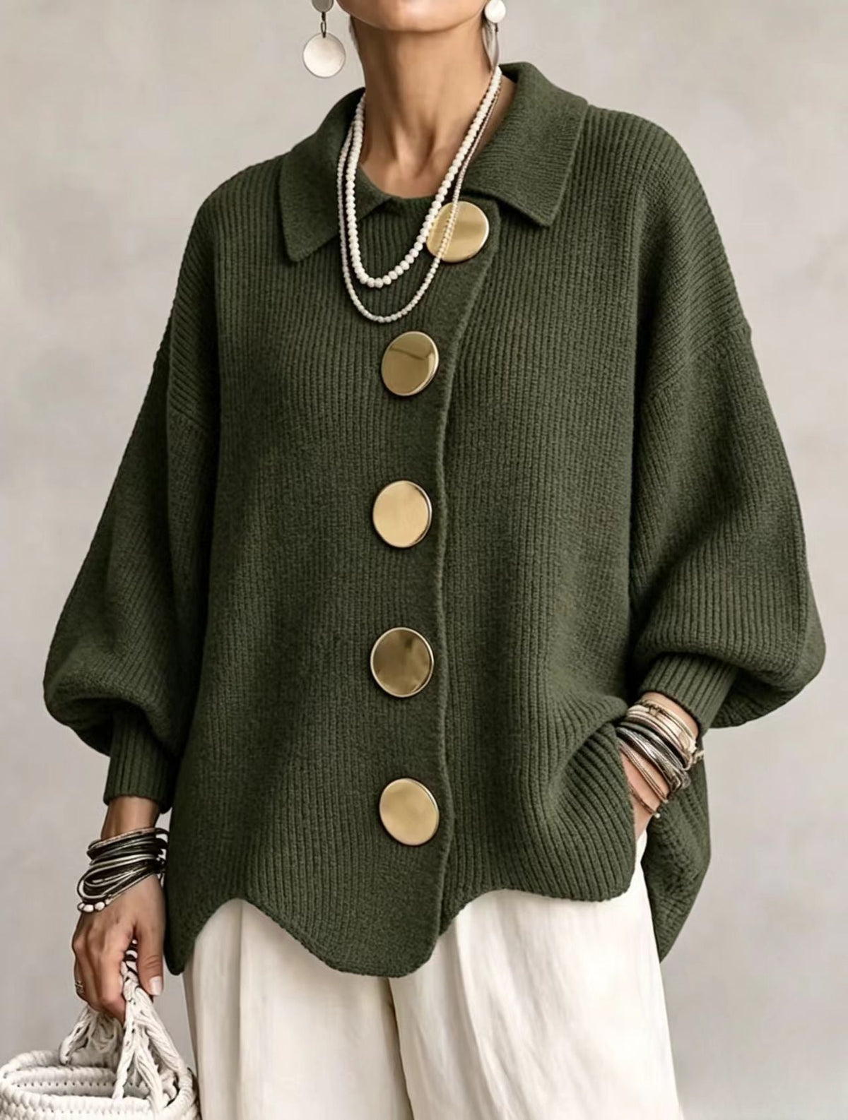 Oversized Lantern Sleeve Button Cardigan in Green