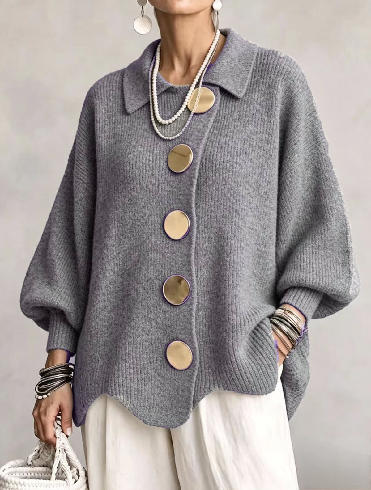 Oversized Lantern Sleeve Button Cardigan in Grey