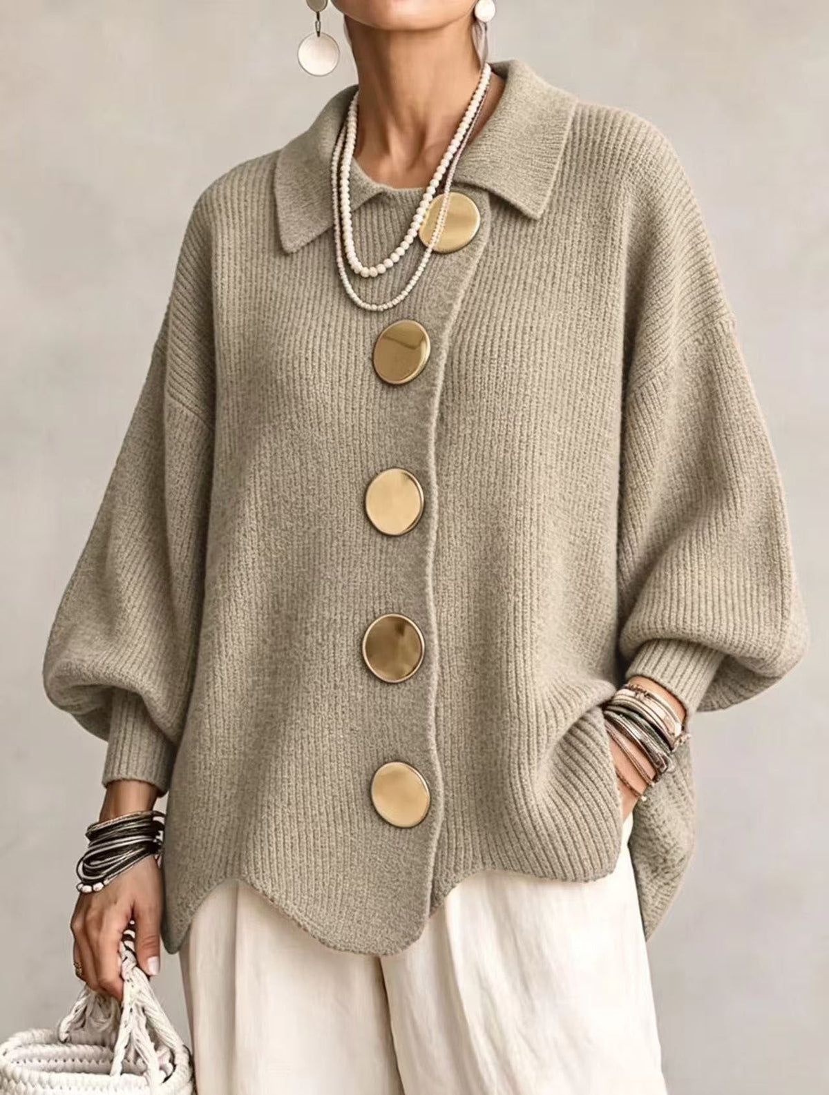 Oversized Lantern Sleeve Button Cardigan in Khaki
