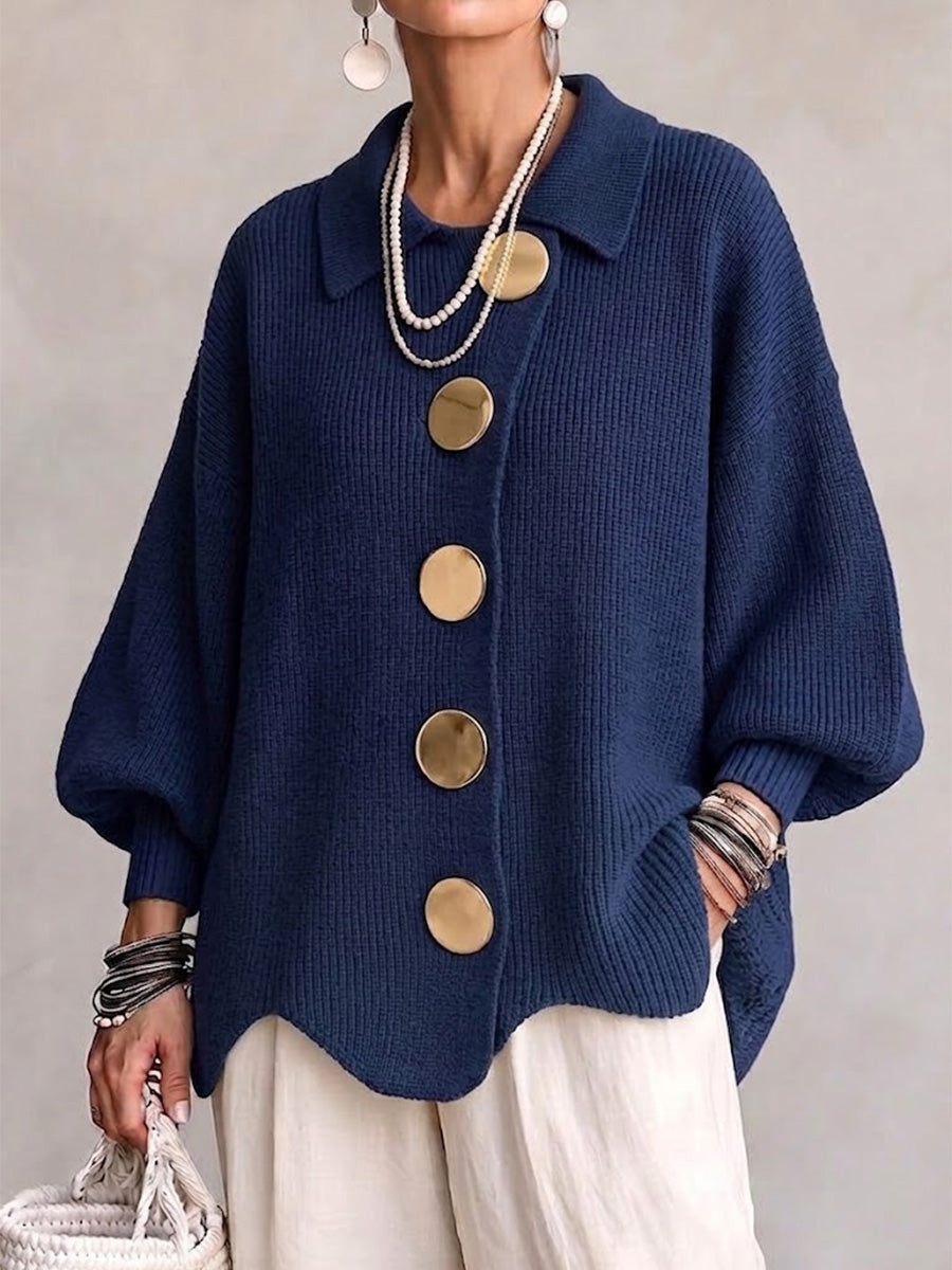 Oversized Lantern Sleeve Button Cardigan in Navy Blue