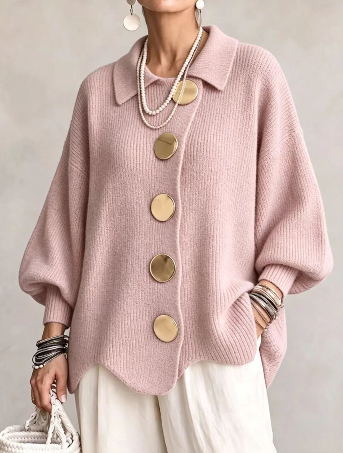 Oversized Lantern Sleeve Button Cardigan in Pink