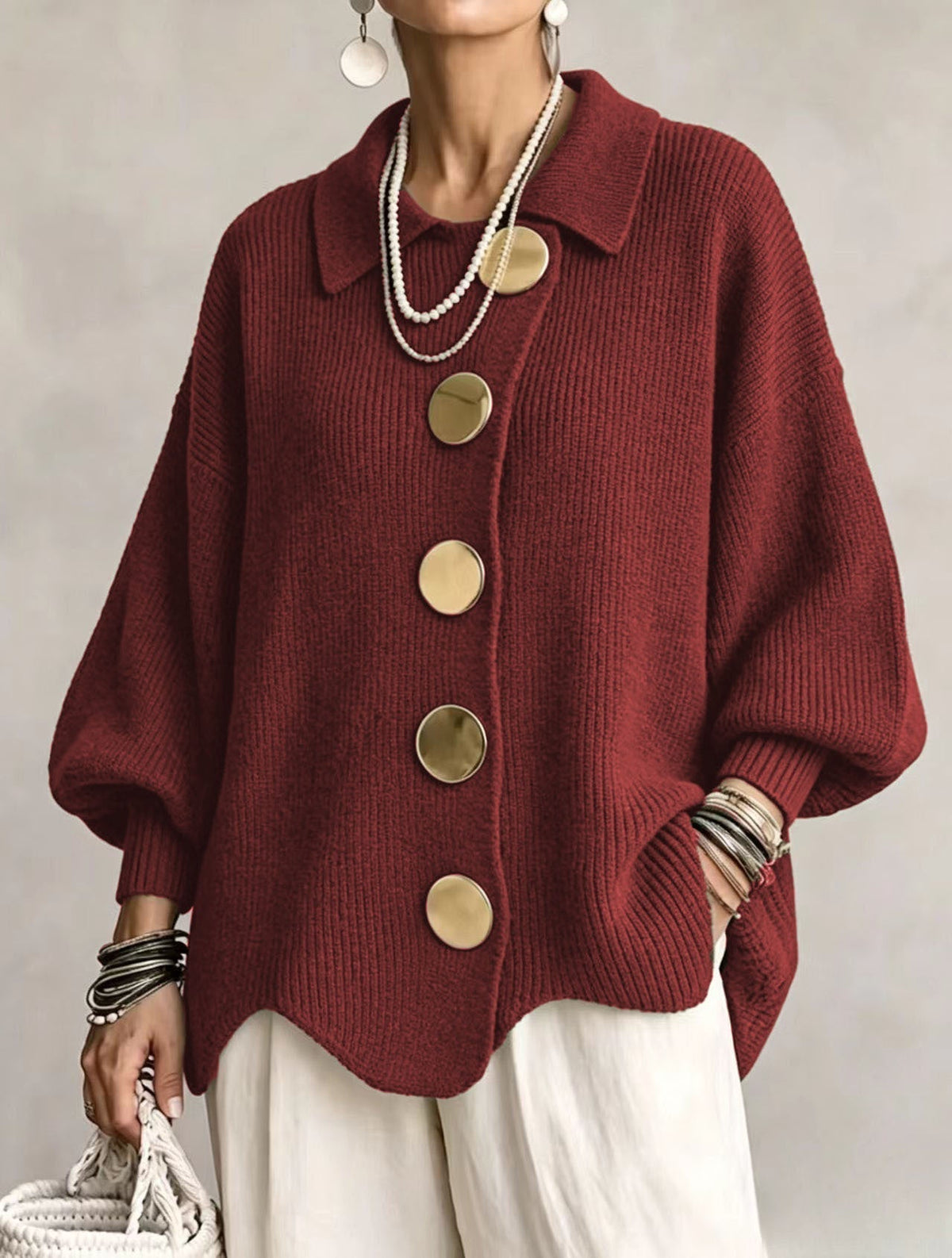 Oversized Lantern Sleeve Button Cardigan in Red