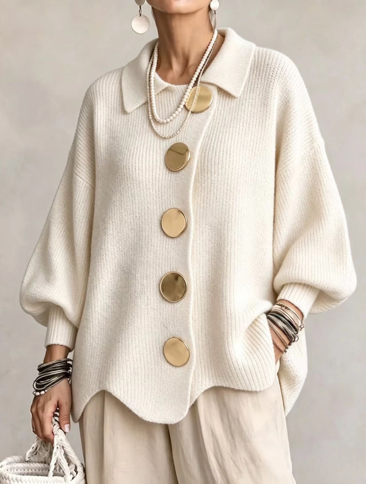 Oversized Lantern Sleeve Button Cardigan in White