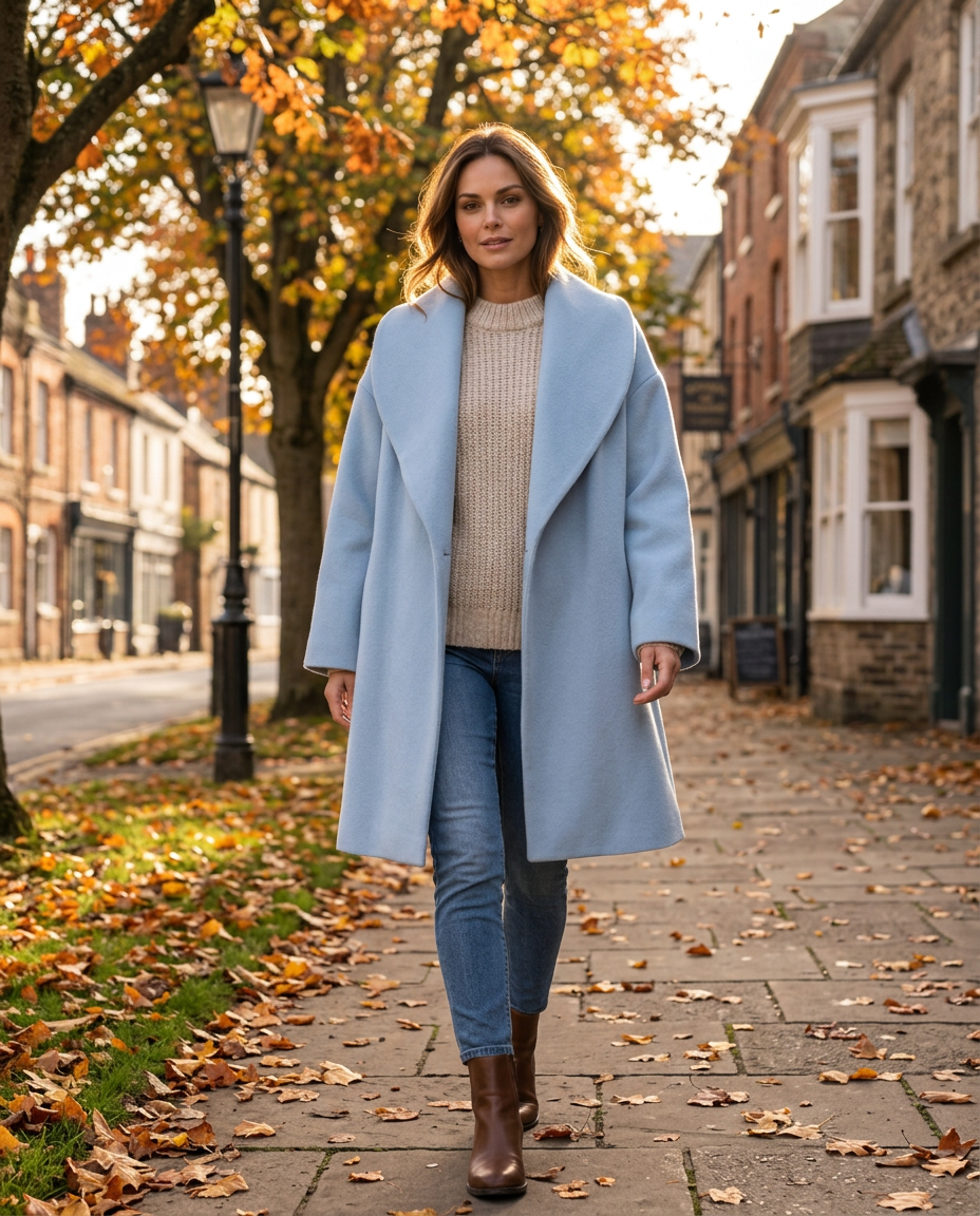 Woman wearing the Oversized Wide Collar Coat on an autumn street in the UK