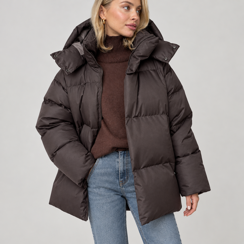 Woman wearing the Quilted Puffer Jacket with Hood and Deep Pockets