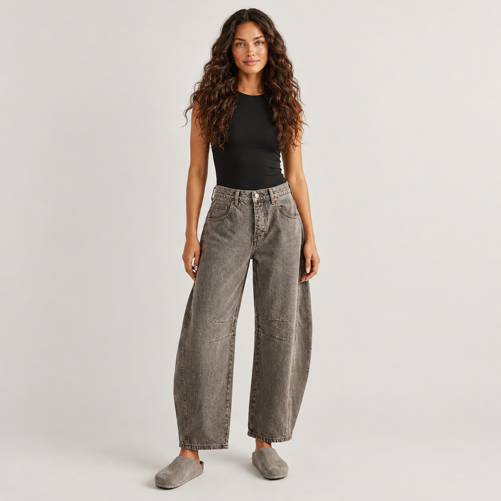 Woman wearing the Relaxed Barrel Leg Jeans with High Waist
