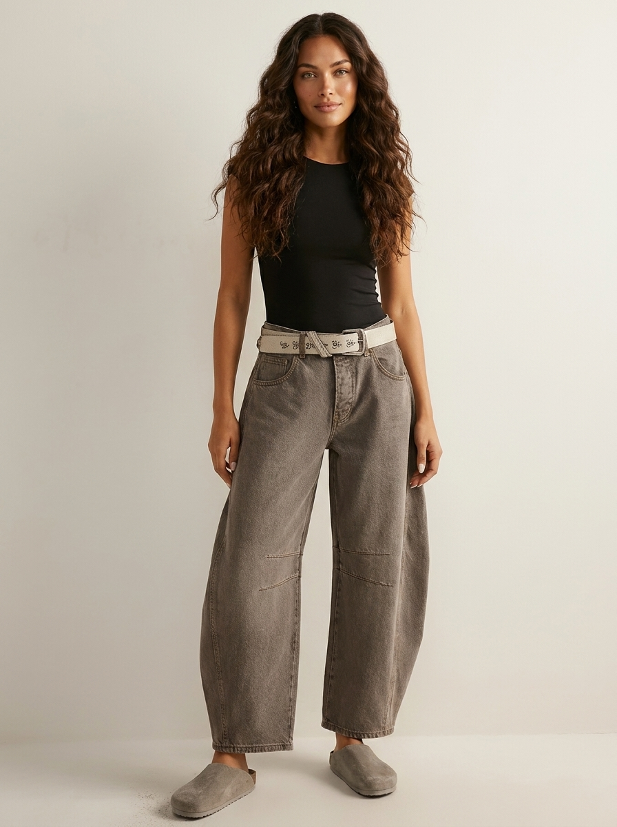 Relaxed Barrel Leg Jeans with High Waist, view 3