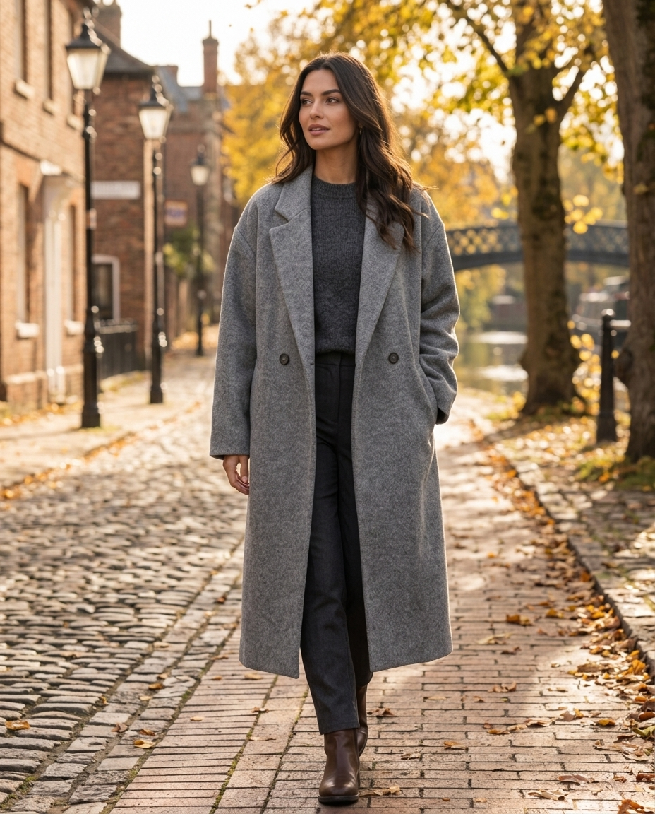 Woman wearing the Relaxed Double-Breasted Long Coat on an autumn street in the UK