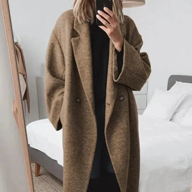 Relaxed Double-Breasted Long Coat in Brown